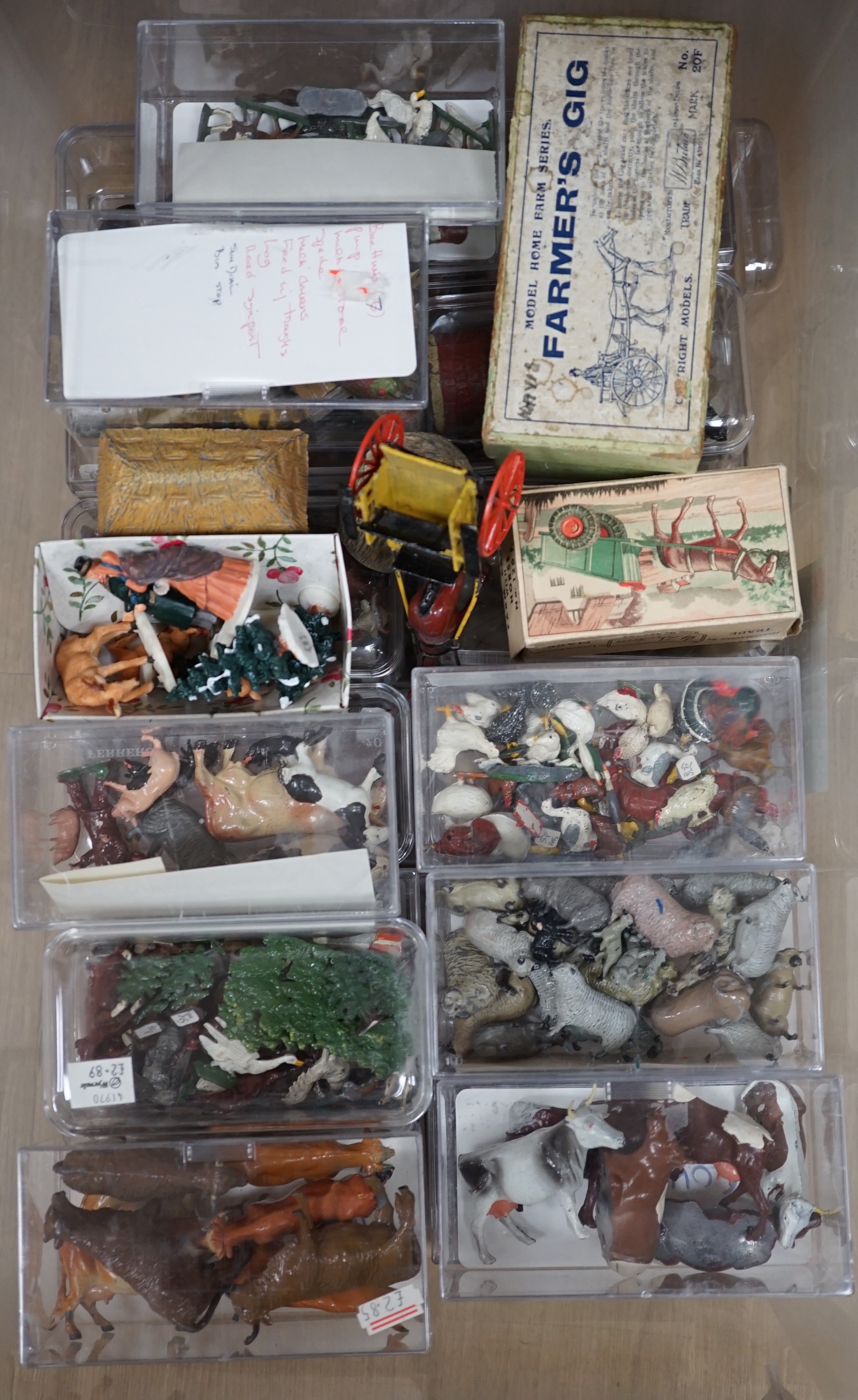 A large childhood collection of hollowcast lead toys, various makers, pre-war and later, including farm animals, farm workers, etc